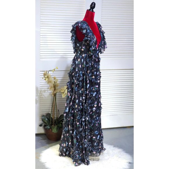 Mac Duggal Women's Black Floral Ruffled Chiffon Leena Maxi Dress Size 8 2808 - Picture 3 of 16